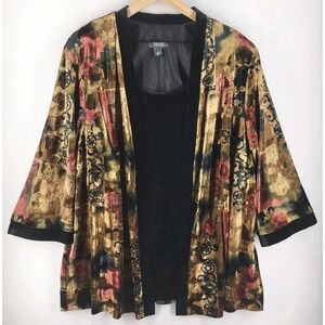 Vtg Dressbarn Woman Velvet Kimono Jacket 24W Dark Floral Open 3/4 Sleeve